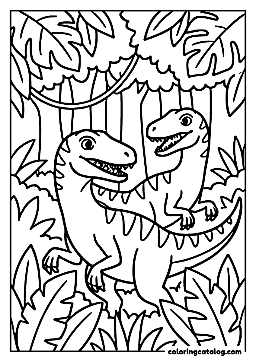 Printable coloring page: Two dinosaurs in a jungle setting, surrounded by tall trees and leaves