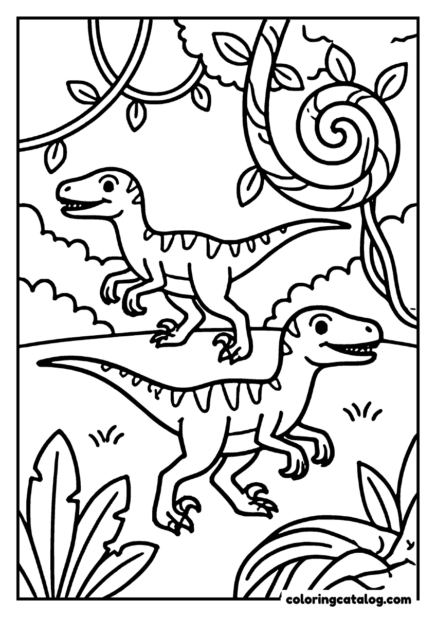 Printable coloring page: Two dinosaurs, one standing on a branch, in a jungle with leaves and a spiral tree