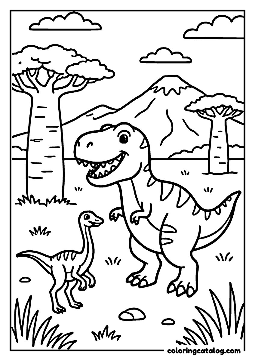 Free printable coloring sheet: A Tyrannosaurus Rex dinosaur is standing next to a small dinosaur in a prehistoric landscape with tall trees, a volcano, and clouds in the sky