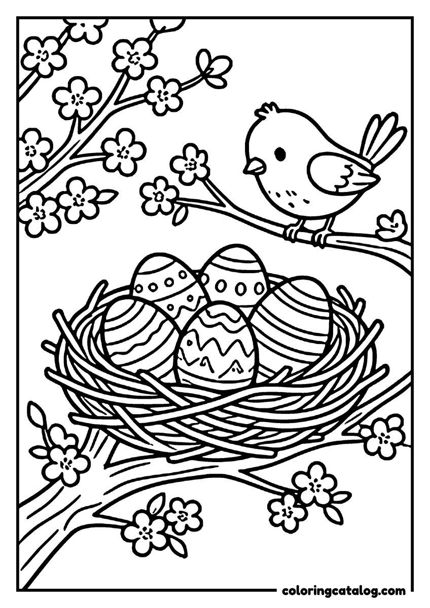 Coloring page: A bird perched on a blossom branch above a nest holding three patterned Easter eggs