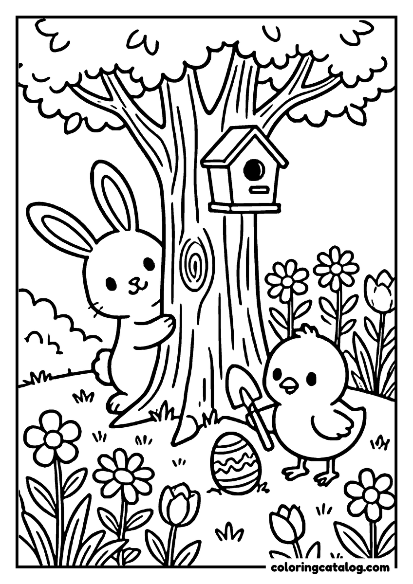 Coloring page: A bunny and a chick finding an Easter egg in a flower bed under a tree with a birdhouse
