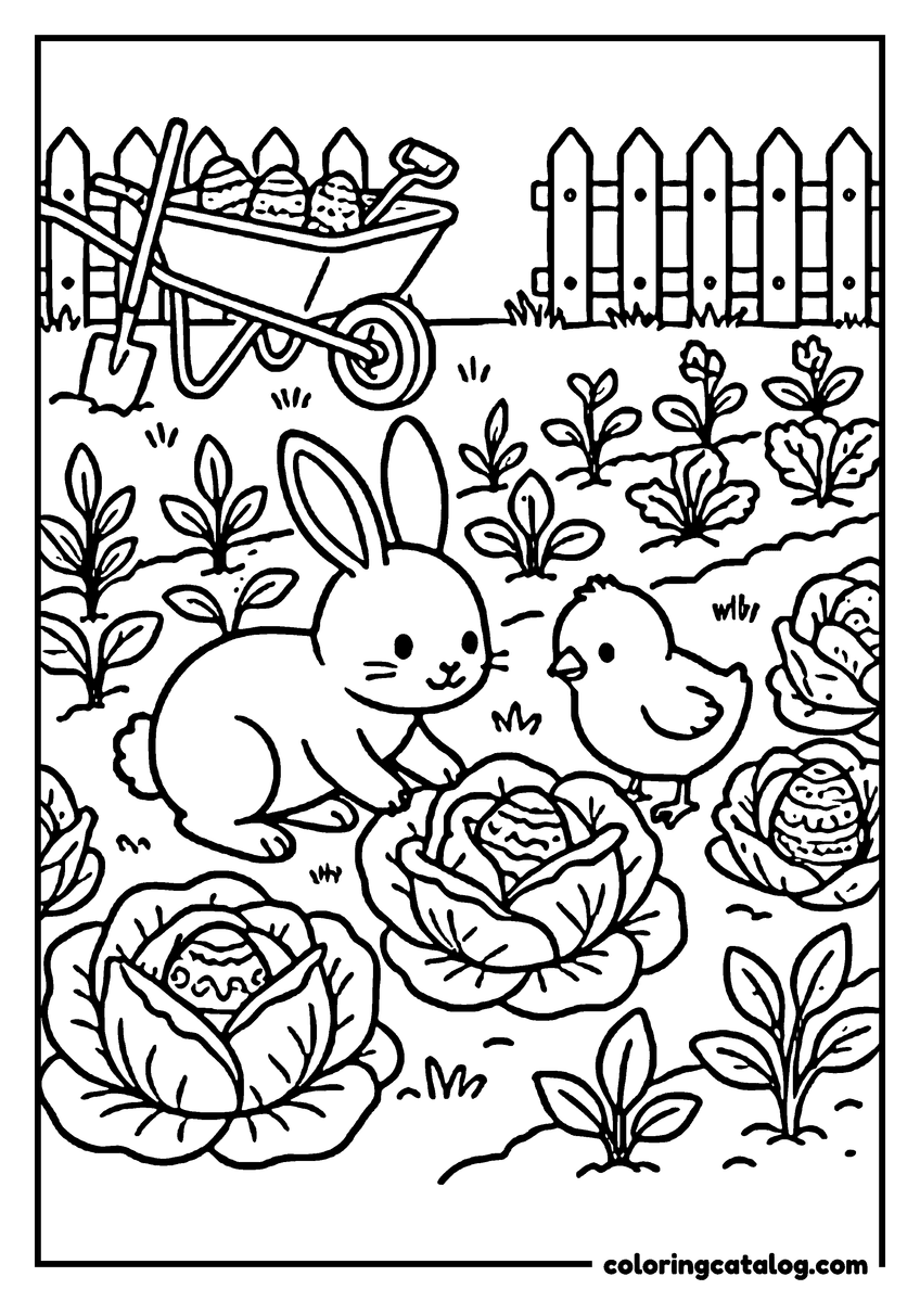 Free Easter coloring sheet: A bunny and a chick searching the vegetable garden among cabbages, a wheelbarrow by the fence