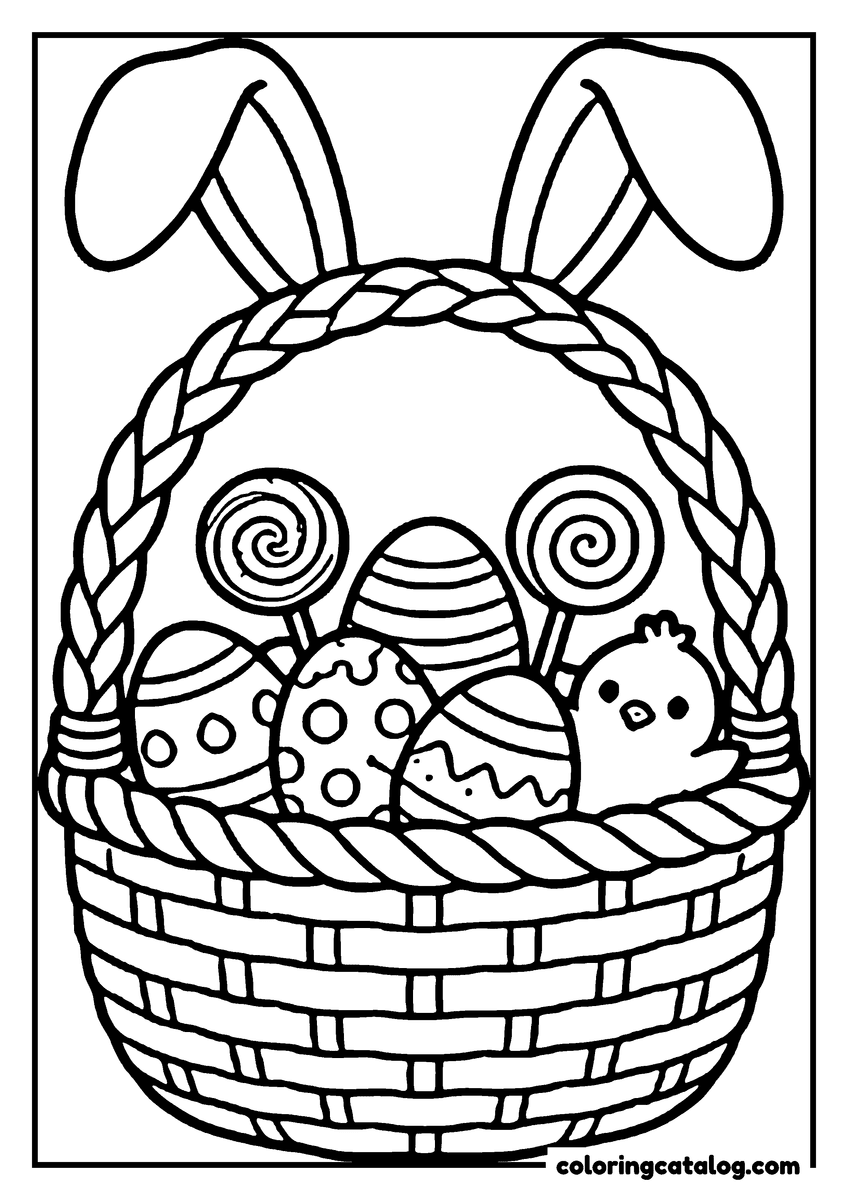 Free printable coloring sheet: An Easter basket with bunny ears, filled with patterned eggs, swirl lollipops and a little chick