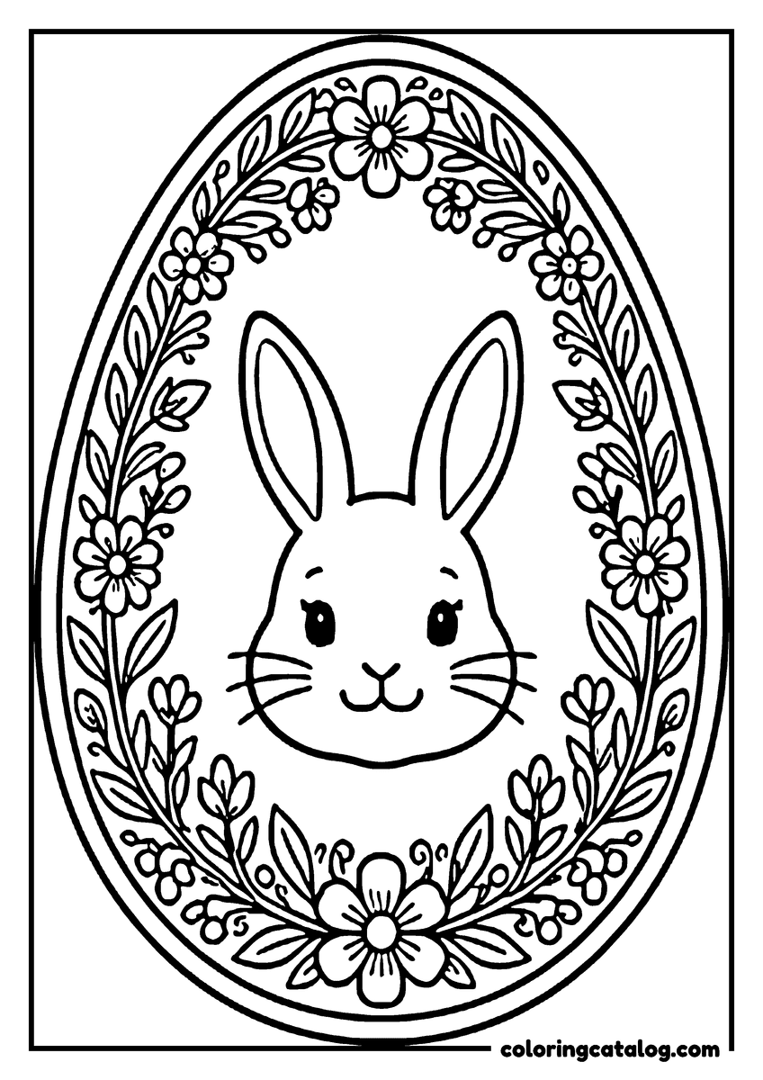 Coloring page: A bunny face in the middle of an Easter egg outline with a wide border of flowers and leaves