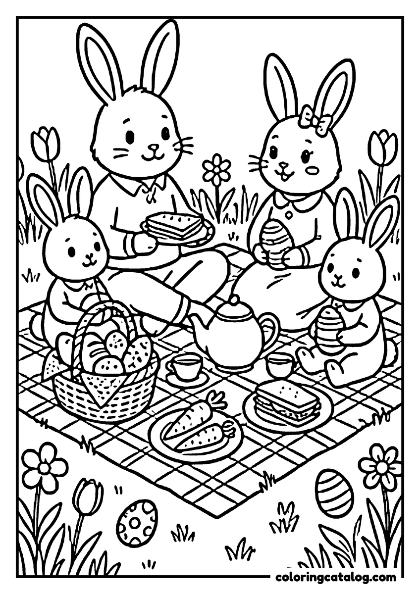 Coloring page: A family of four bunnies at an Easter picnic in the garden, a teapot and eggs on the blanket
