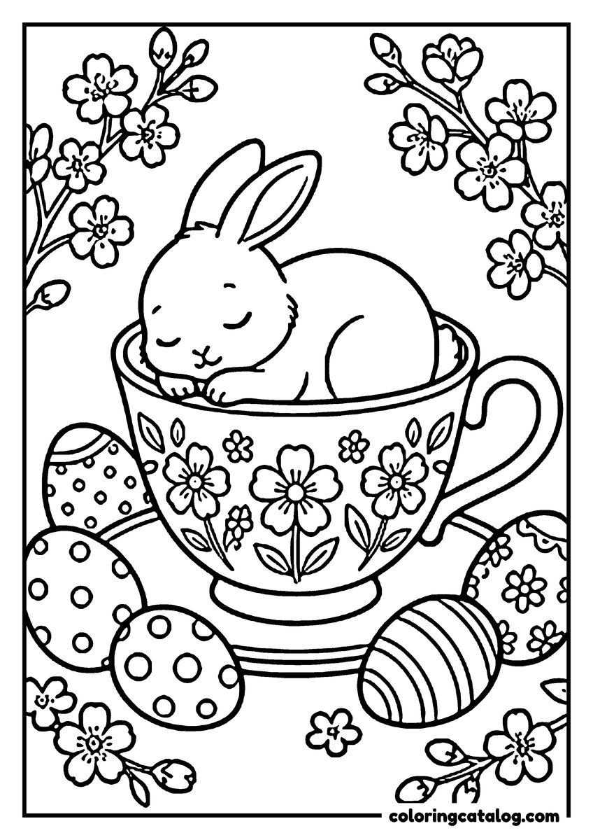 Printable coloring page: A bunny sitting in a floral teacup among Easter eggs and spring flowers