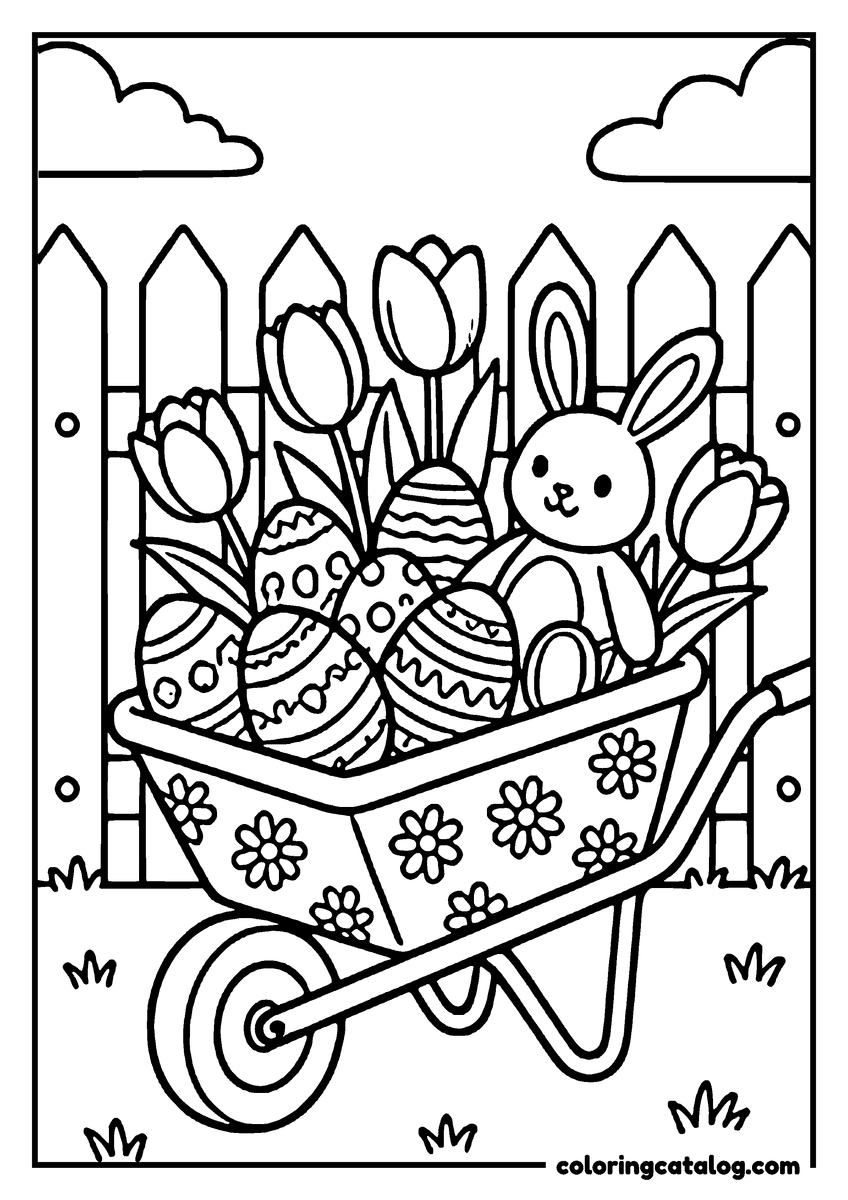 Coloring page: A bunny sitting in a wheelbarrow full of Easter eggs and flowers by a picket fence