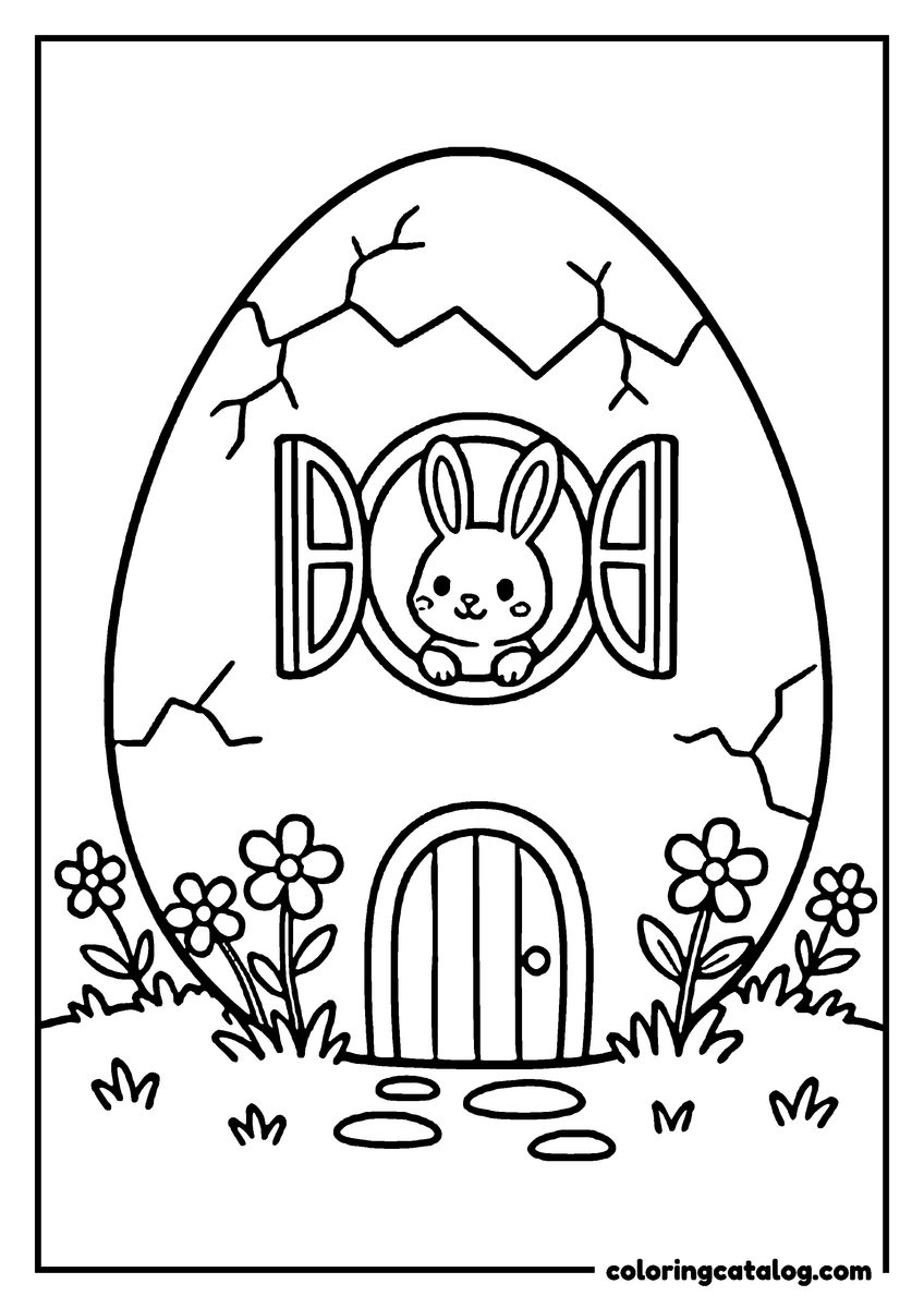 Easter coloring page: A bunny peeking out of a cracked egg turned into a little house, with a door and flowers