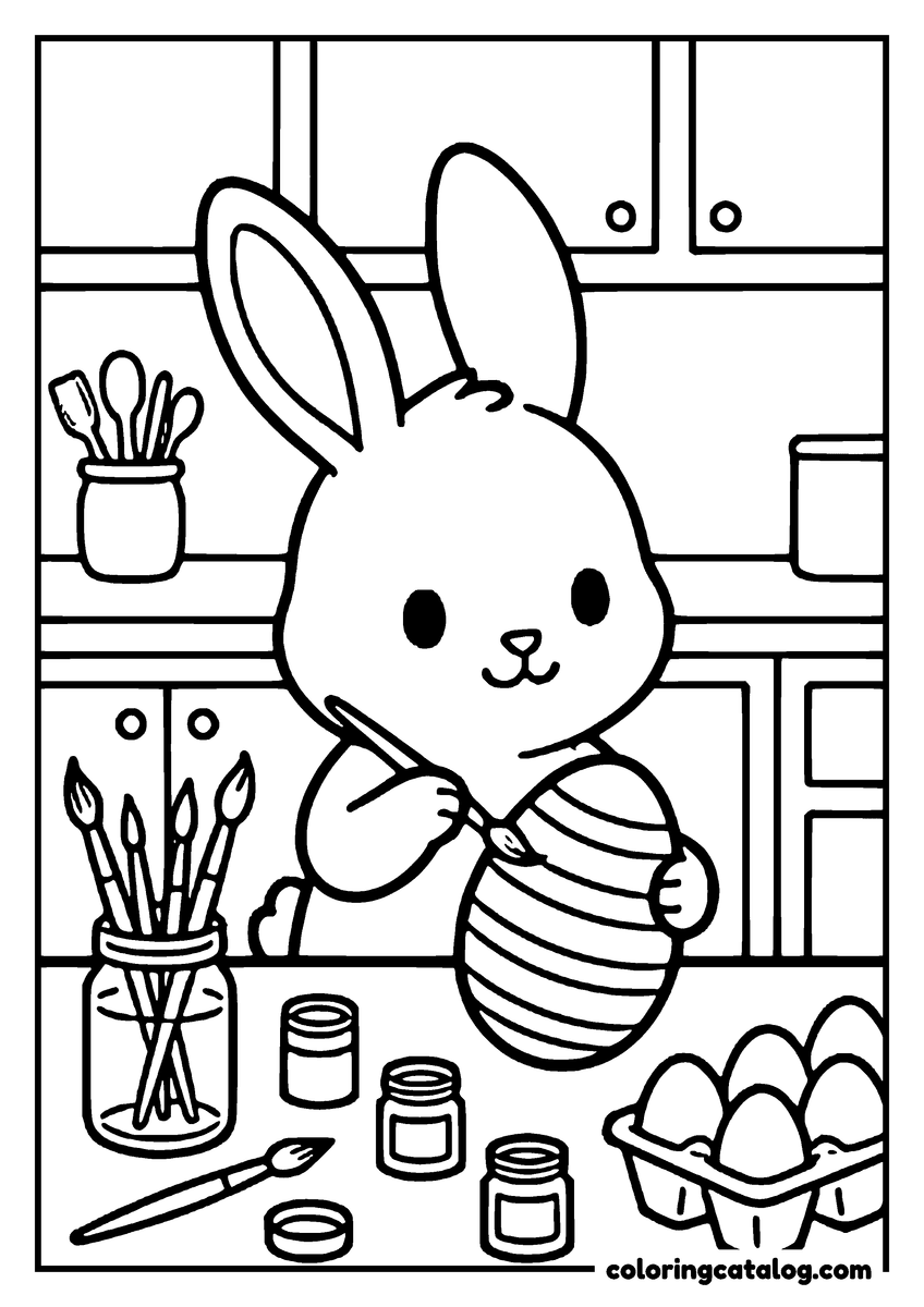 Printable coloring page: A bunny painting stripes on a big Easter egg at the kitchen table, paint pots and brushes beside it