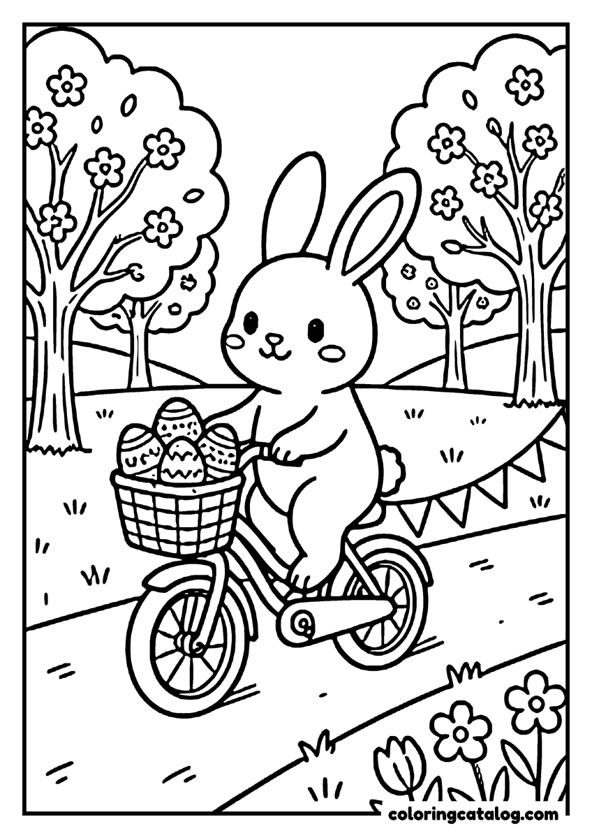 Coloring page: A bunny riding a bicycle through a spring garden, a basket of Easter eggs on the front