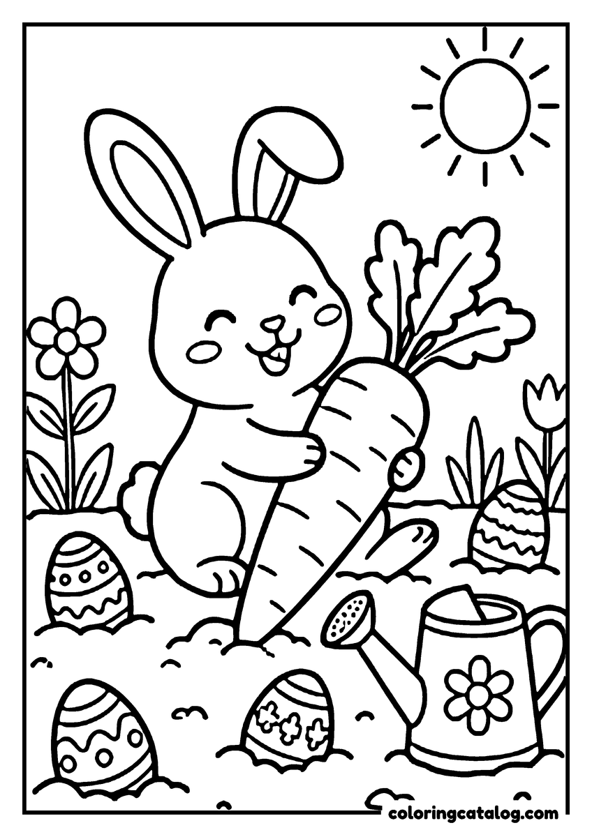 Printable coloring page: A bunny holding a big carrot in the vegetable garden, Easter eggs in the soil and a watering can
