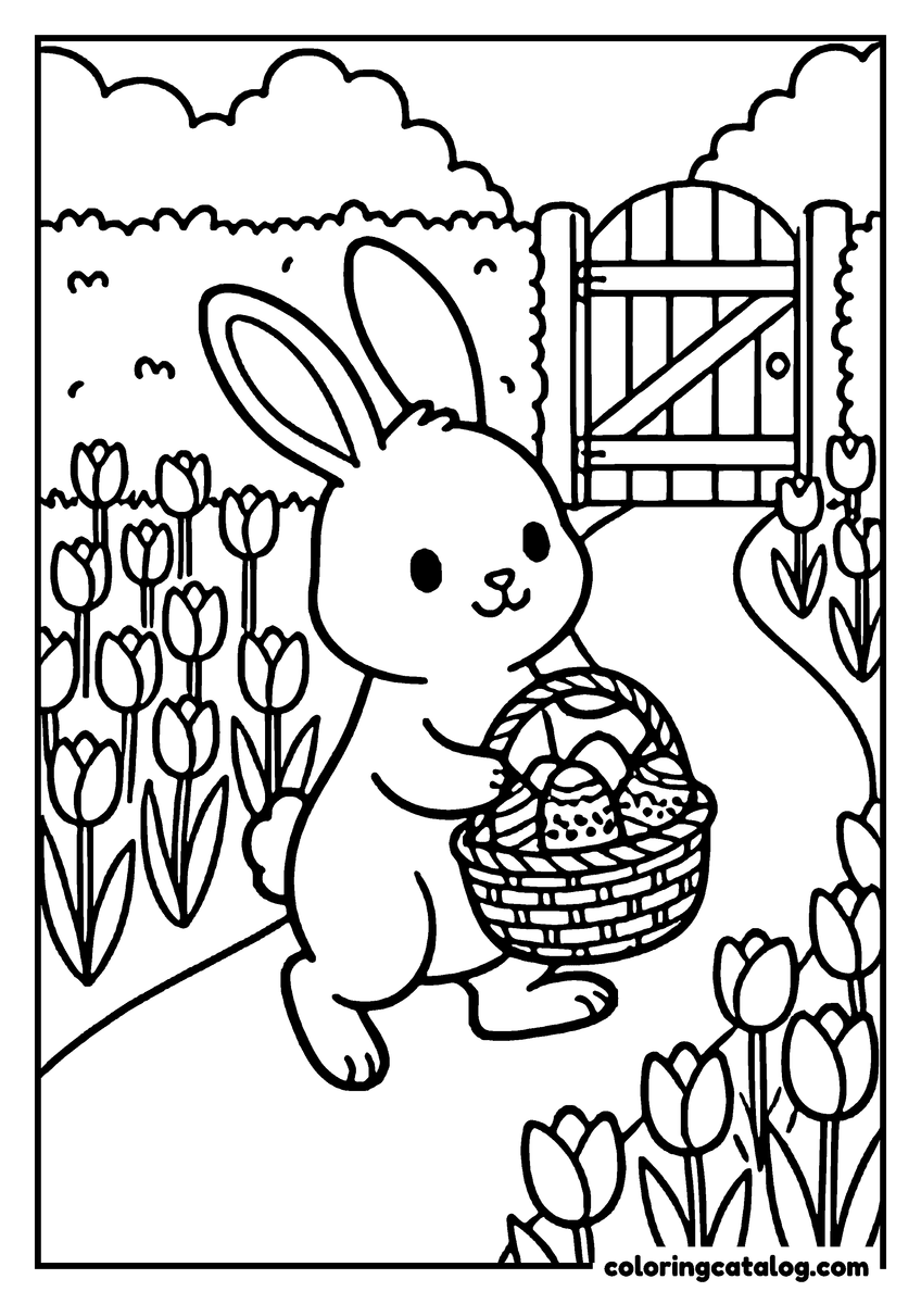 Free printable coloring sheet: A bunny carrying a basket of Easter eggs between tulips, a wooden gate behind