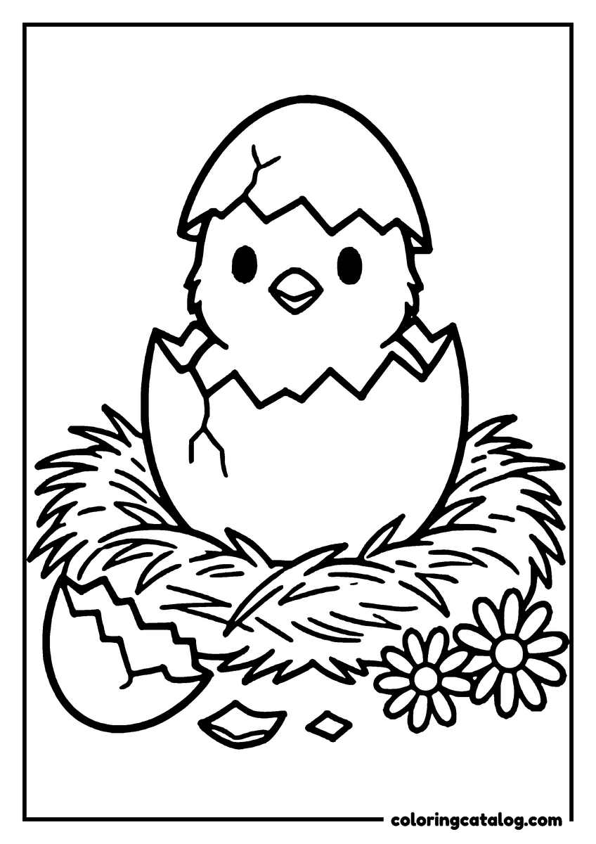 Easter coloring page: A baby chick hatching out of a cracked egg in a straw nest, two daisies beside