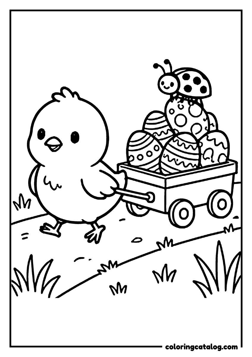 Printable coloring page: A chick pulling a toy wagon loaded with Easter eggs, a ladybug riding on top