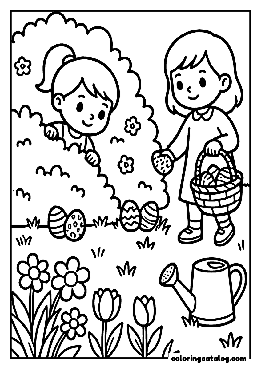 Coloring page: Two children hunting Easter eggs in a garden, one peeking behind a bush, the other holding a basket