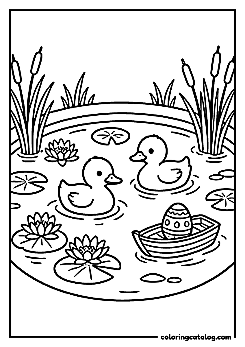 Coloring page: Two ducklings paddling in a pond with lily pads and reeds, an Easter egg floating in a little boat