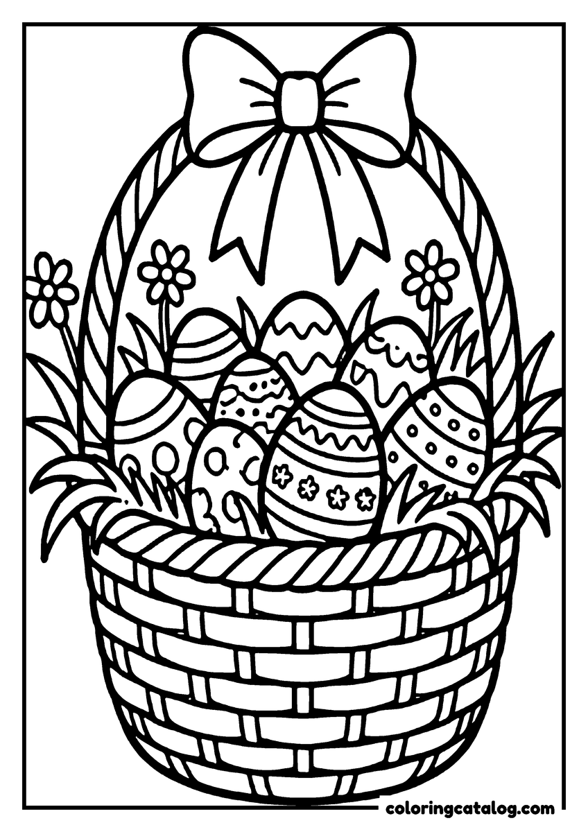 Coloring page: A woven Easter basket full of patterned eggs, a big bow tied on the handle and flowers in the grass