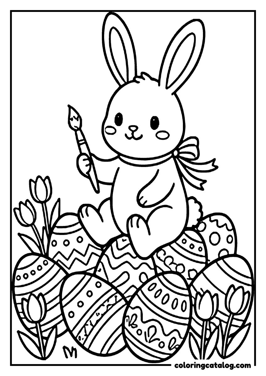 Coloring page: The Easter bunny holding a paintbrush among painted eggs and spring flowers