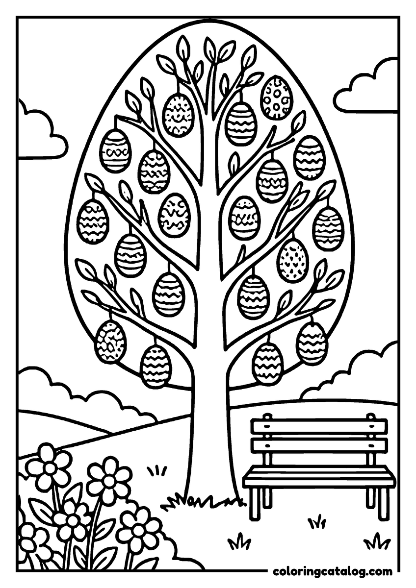 Coloring page: An Easter egg tree with eggs hanging from every branch, a bench and flowers beneath