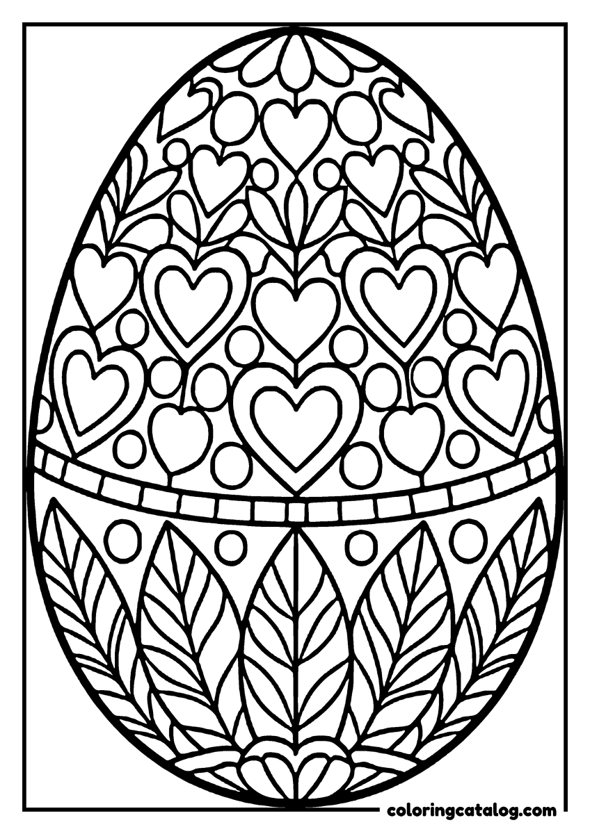 Printable coloring page: A large Easter egg covered in a pattern of hearts, dots and leaves