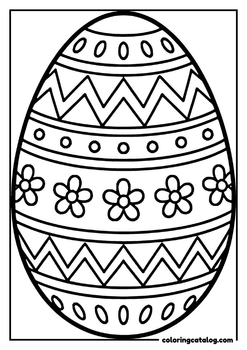 Free printable coloring sheet: A large Easter egg divided into bands of zigzags, dots and small flowers