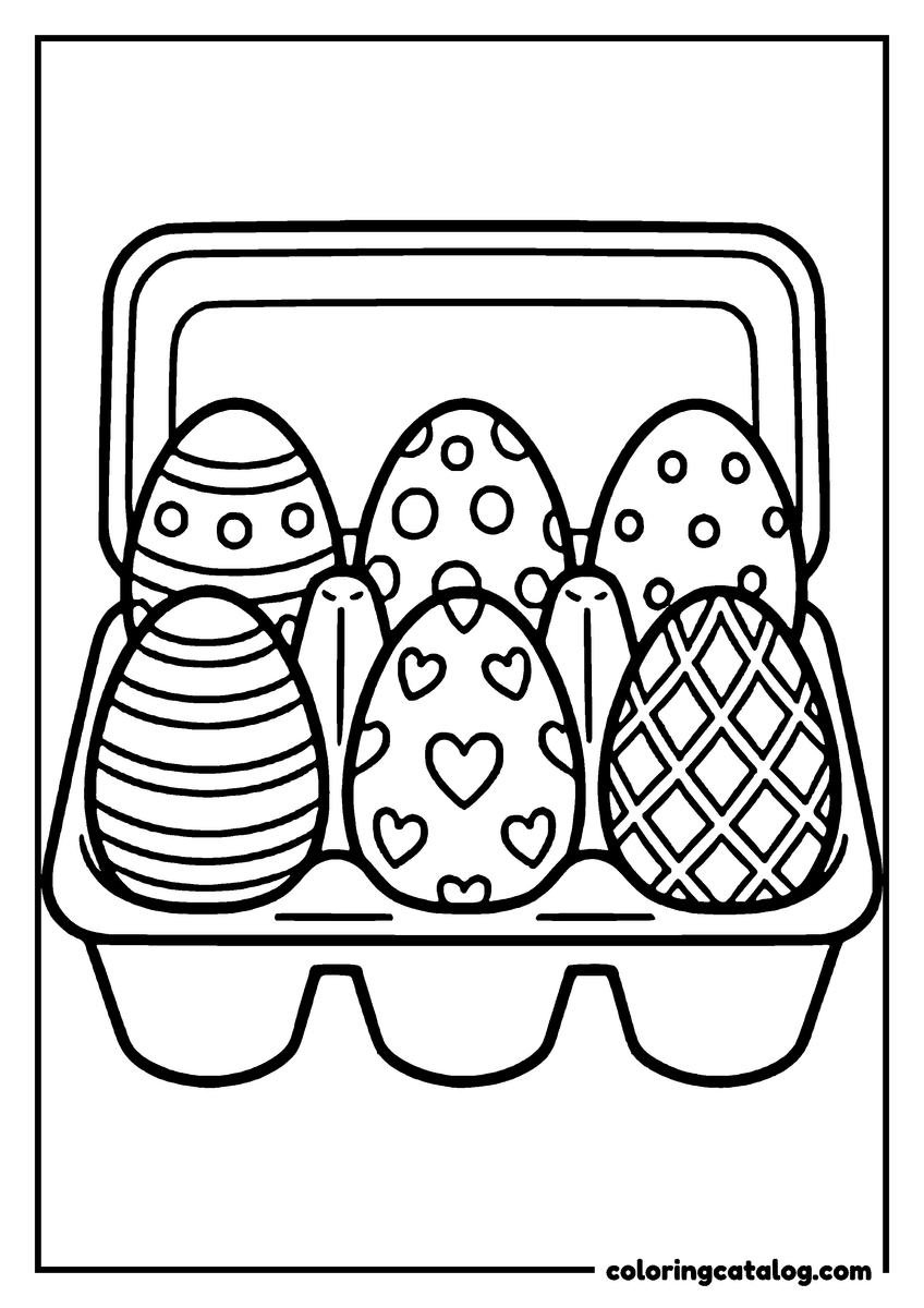 Coloring page: Six Easter eggs standing in an egg carton, patterned with hearts, dots and stripes