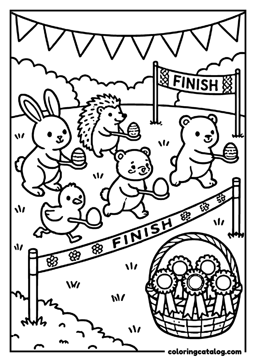 Easter coloring page: A rabbit, a hedgehog, a bear and a duck racing to the finish line, a basket of ribbons waiting