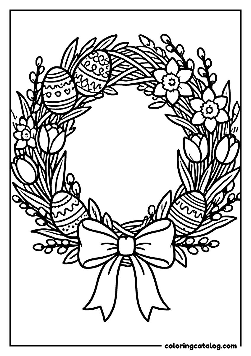 Printable coloring page: An Easter wreath of eggs, flowers and leaves tied at the bottom with a big bow