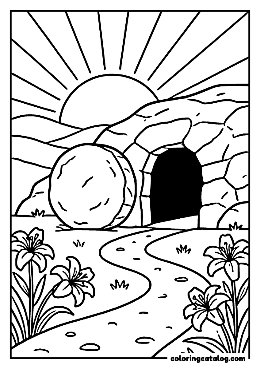 Coloring page: The empty tomb at sunrise with the round stone rolled away, Easter lilies along the path