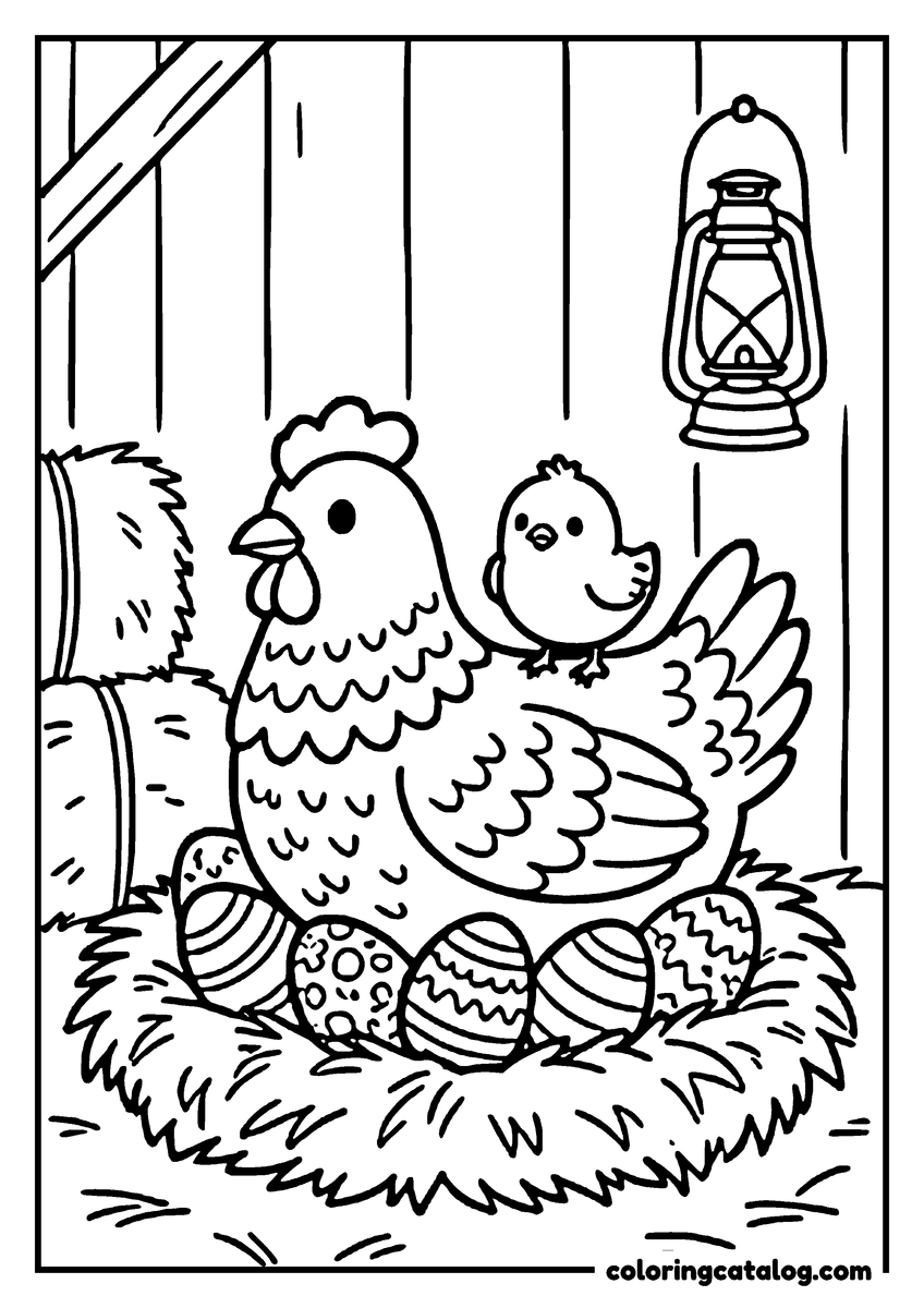 Easter coloring page: A hen and her chick in the barn beside a nest of eggs, a lantern on the wall