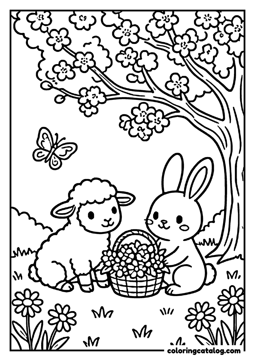 Easter coloring page: A lamb and a bunny sitting together with a basket of flowers, a butterfly above them