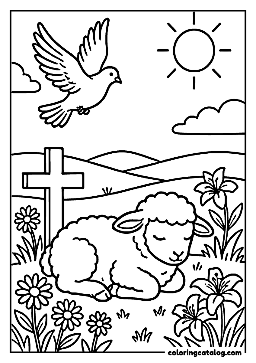 Printable Easter coloring page: A lamb asleep among lilies and daisies beside a cross, a dove flying overhead