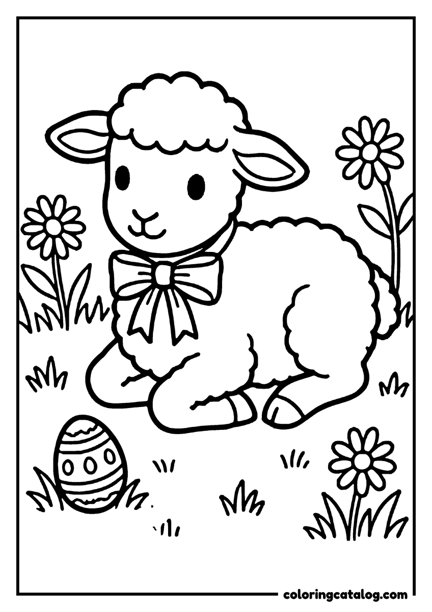 Free printable coloring sheet: A lamb wearing a bow tie in a spring meadow, a patterned Easter egg in the flowers nearby