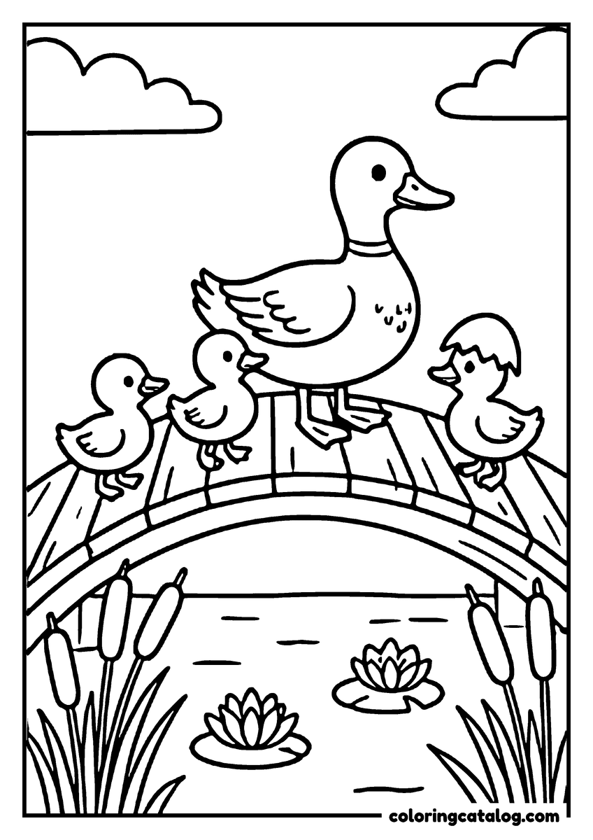 Easter coloring page: A mother duck and three ducklings on a wooden bridge over a pond with cattails and lily pads