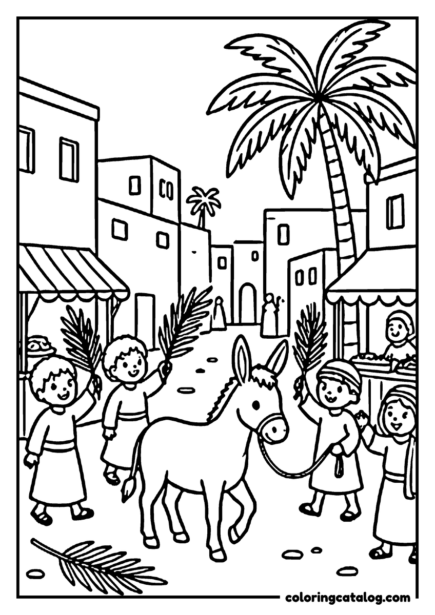 Printable Easter coloring page: Children waving palm branches as a donkey is led down a village street on Palm Sunday