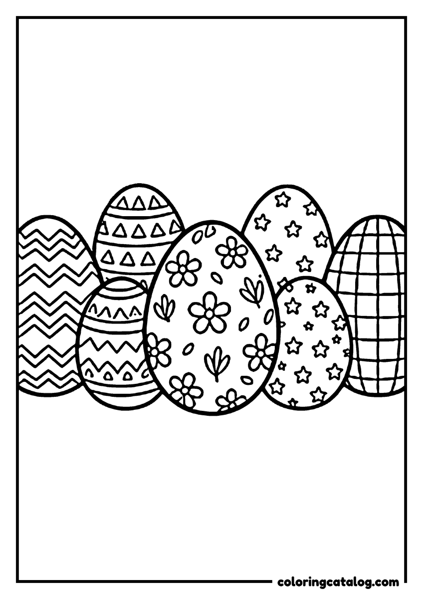 Printable coloring page: A row of tall Easter eggs, each one with its own pattern of waves, triangles, flowers and checks