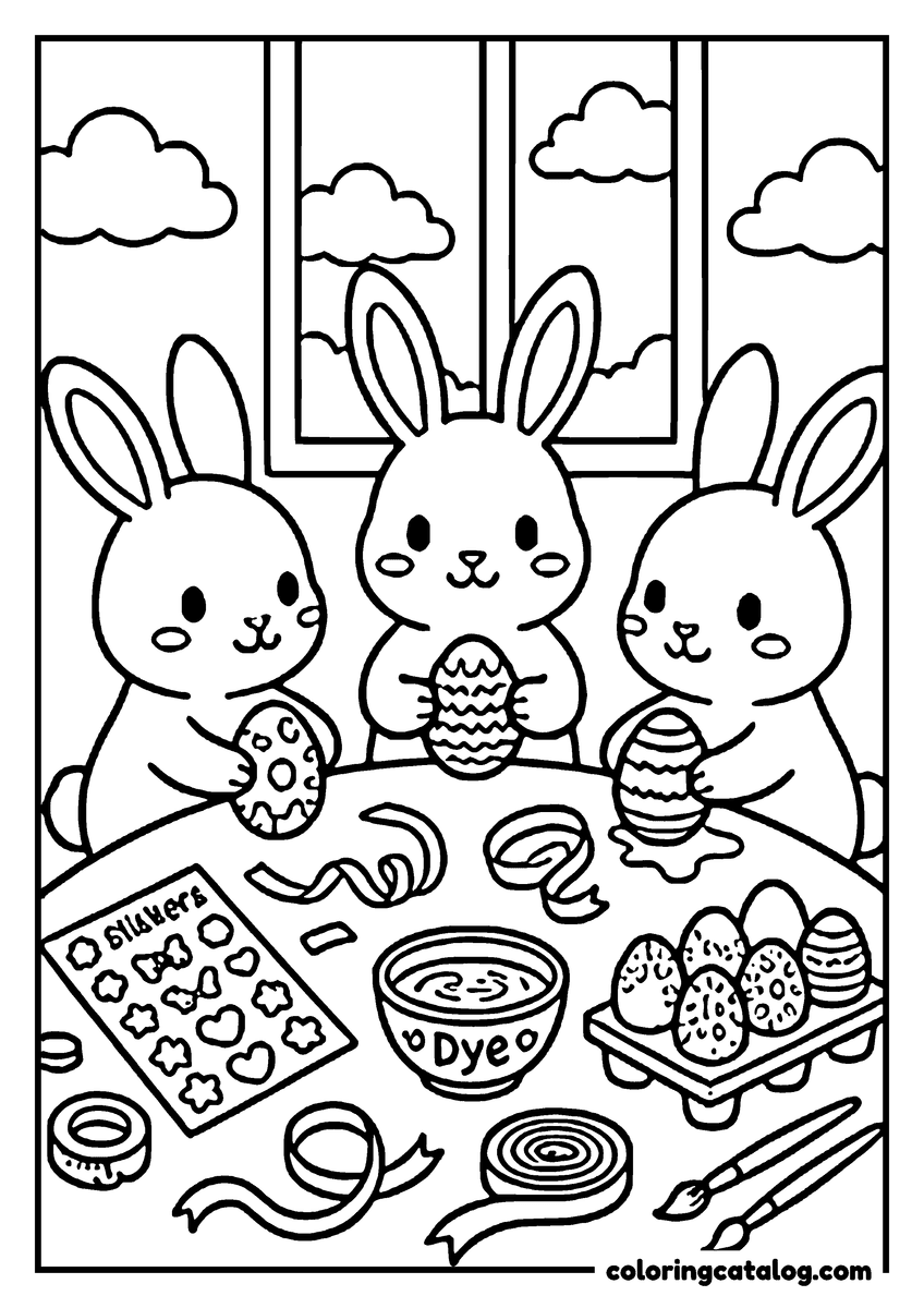 Coloring page: Three bunnies decorating Easter eggs at a craft table, a bowl of dye and supplies spread out