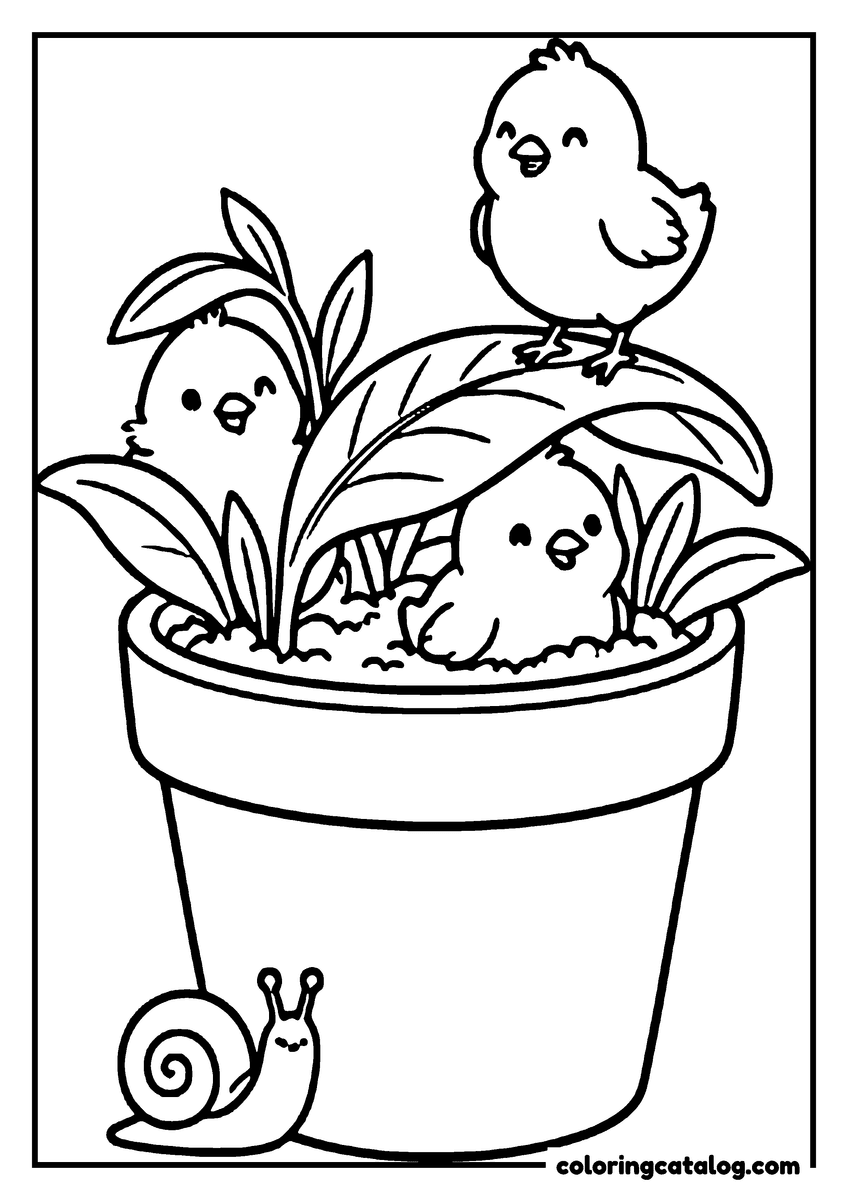 Free Easter coloring sheet: Three chicks tucked into a flower pot among the leaves, a snail on the side