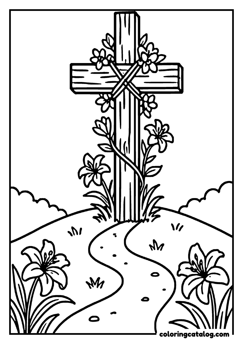 Free printable coloring sheet: A wooden cross wrapped in flowers on a small hill, a winding path and Easter lilies below