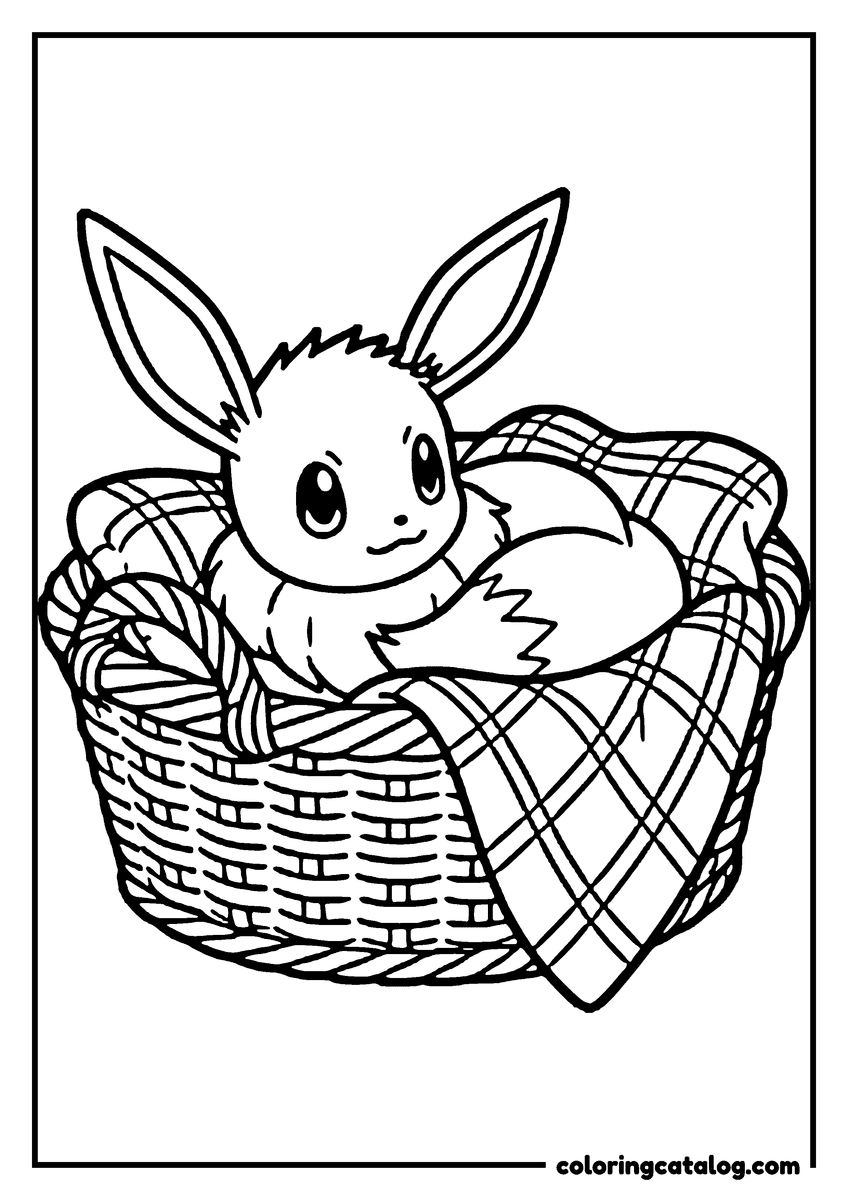 Free printable coloring sheet: Eevee curled up asleep in a woven basket lined with a plaid blanket