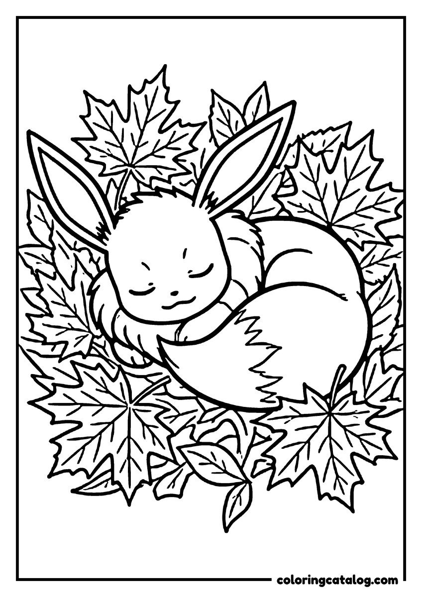 Free printable coloring sheet: Eevee curled up asleep in a deep pile of fallen maple leaves