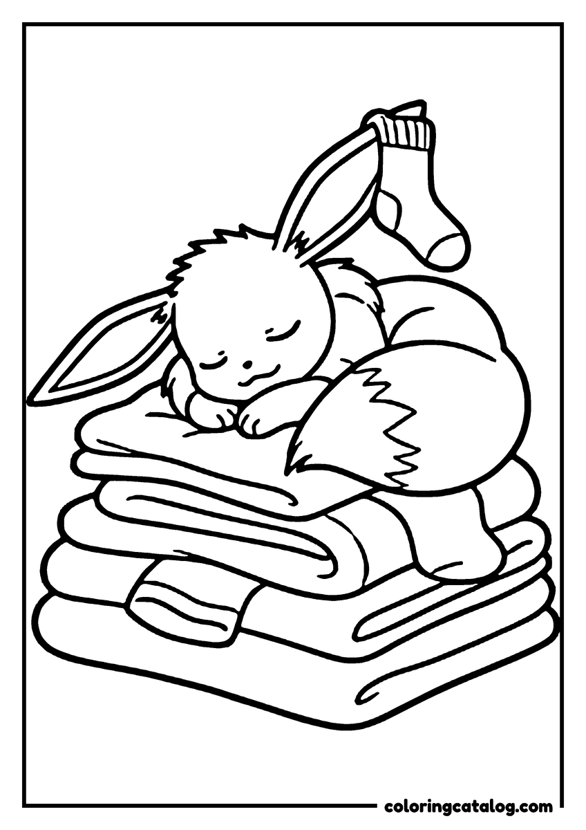 Printable coloring page: Eevee sleeping on a stack of folded blankets with a sock draped over one ear