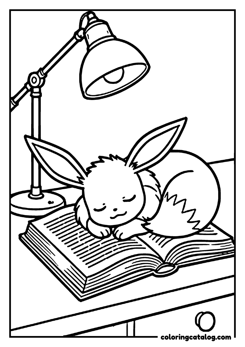 Coloring page: Eevee sleeping on an open book on a desk with a lamp bent over it
