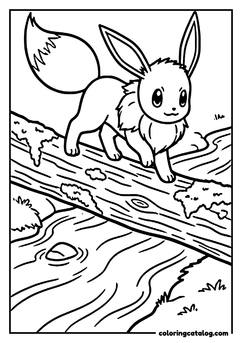 Printable coloring page: Eevee walking along a mossy fallen log that bridges a stream
