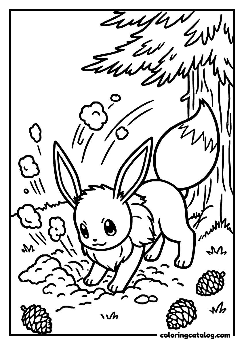 Free printable coloring sheet: Eevee digging a hole under a pine tree with pine cones scattered around