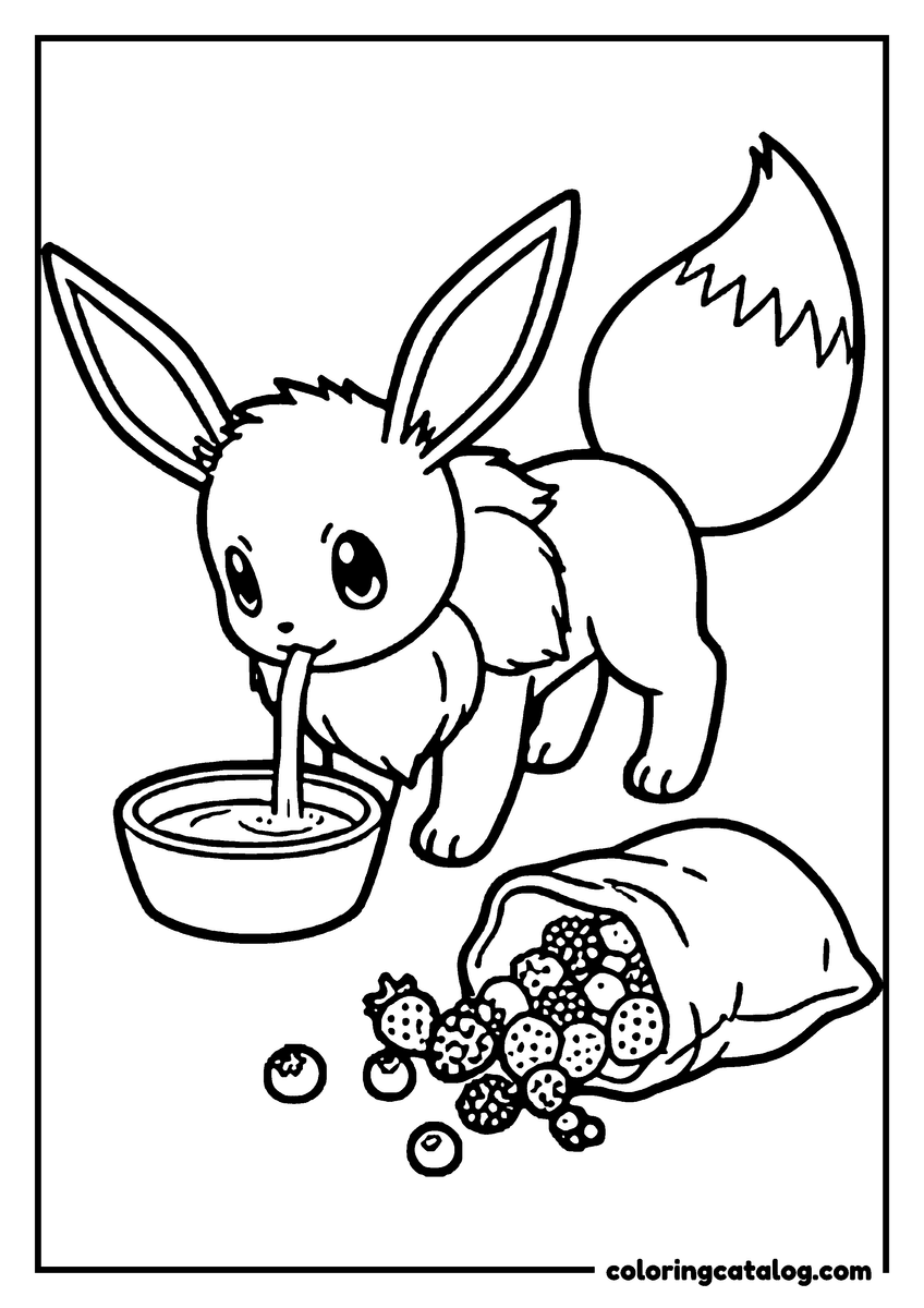 Printable coloring page: Eevee drinking from a bowl beside a tipped bag of spilled berries