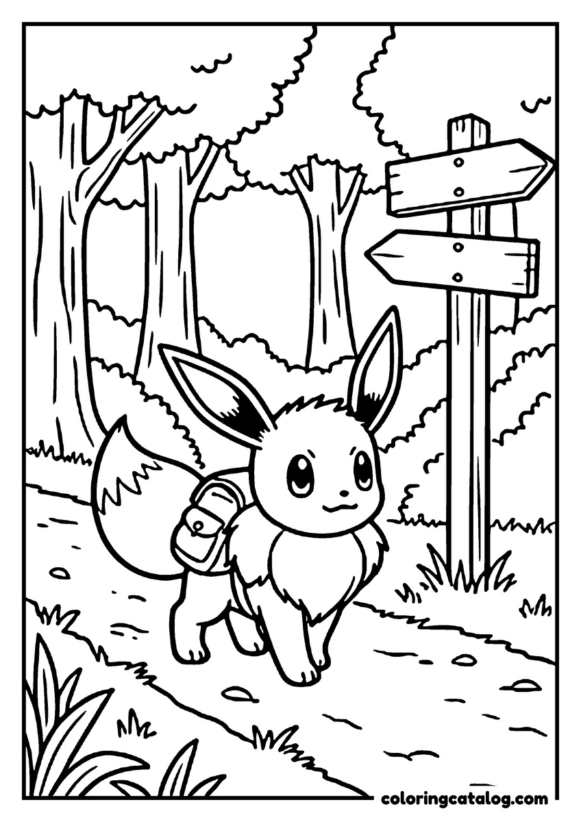 Free printable coloring sheet: Eevee walking a forest path with a small backpack, a wooden signpost ahead