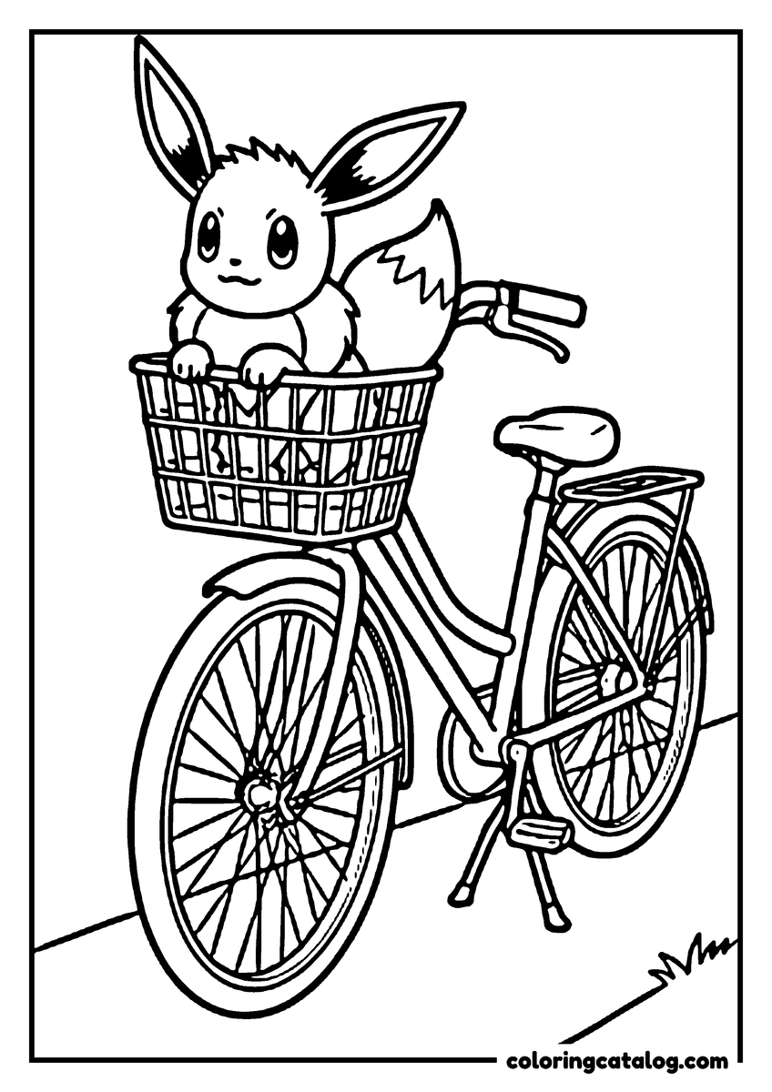 Coloring page: Eevee sitting in the front basket of a bicycle parked on its stand
