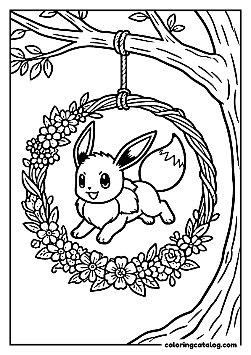 Coloring page: Eevee sitting inside a ring of flowers hanging by ropes from a tree branch