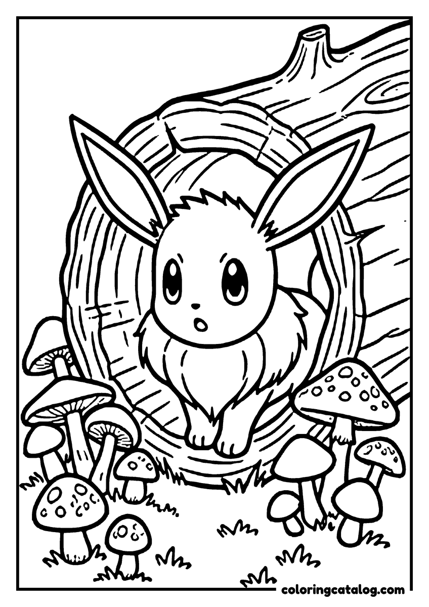 Printable coloring page: Eevee looking out of a hollow log with mushrooms growing at the opening